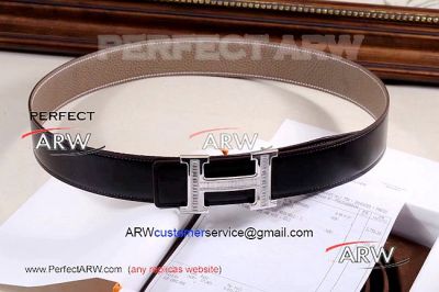 Perfect Replica Hermes Black Leather Belt With Stainless Steel Buckle White Diamonds